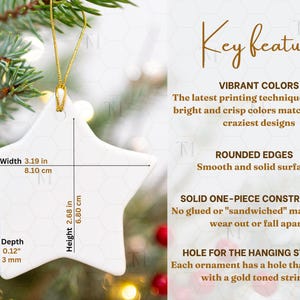 Star Ornament Size Chart, Ceramic Ornament Key Features, Printify Ornament Mockup, Christmas Ornament Mockup Gold String, POD Ornament Mock