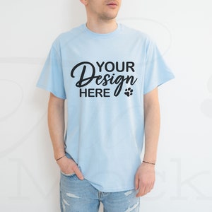 Gildan 5000 Mockup, Light Blue Shirt Mockup, Male Shirt Mockup, Mens Shirt Mockup, Male Model Mockup, Men&#39;s Gildan Mockup, Aesthetic Mockup