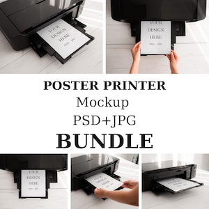 Puede incluir: Maqueta de impresora negra con una hoja de papel blanca que dice "YOUR DESIGN HERE PSD JPG". La imagen también incluye el texto "POSTER PRINTER Mockup PSD+JPG BUNDLE".
