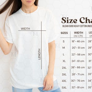Gildan 5000 Größentabelle, Gildan Unisex Schwere Baumwolle T-Shirt Größentabelle, Gildan 5000 Größentabelle Mockup, T-Shirt Größentabelle, metrische Größentabelle