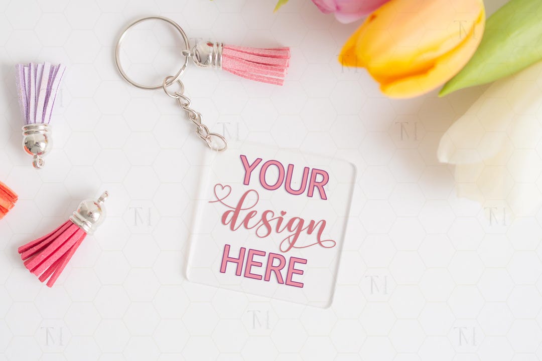 Square Acrylic Keychain Mockup, Clear Square Keyring Mockup, Digital ...