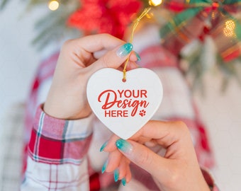 Ornament Christmas Mockup, White Heart Ceramic Christmas Ornament, Printify Ornament Mockup, Ornament Mockup On Hand, Heart Ceramic Ornament