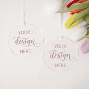 Two Acrylic Ornaments Mockup, Spring Ornament Mockup, Mothers Day Mockup, Easter Ornament Mockup, Simple Ornament Mockup,  Round Ornament