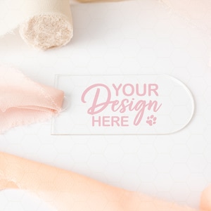 Acrylic Place Card Mockup, Clear Acrylic Mockup, Wedding Place Card Mockup, Wedding Name Tag Mockup Blush Ribbon, Wedding Stationery Mockup