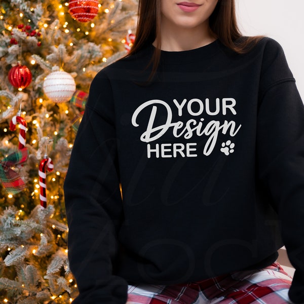 Black Gildan 18000 Christmas Mockup, Black Christmas Sweatshirt, Black Christmas Mockup, Sweatshirt Mockup, Gildan Sweater Christmas Mockup