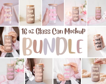 May include: A mockup bundle of 16 ounce glass cans with bamboo lids and straws. The cans are clear and have a pink design that says "Your Design Here".