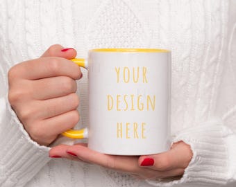 11 oz Accent Mug Mockup, Yellow Handle Mug Mockup, Christmas Mug Mockup, Colored Mug Mockup, Cozy Mug Mockup, Two Tone Mug Coffee Mug Mockup