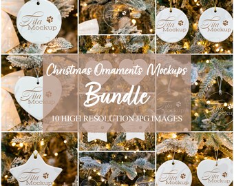 May include: A set of 10 high-resolution JPG images of Christmas ornaments with a "Tita Mockup" design. The ornaments are in various shapes, including round, heart, and star, and are displayed on a Christmas tree.