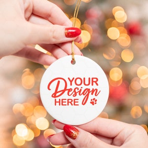 Christmas Ornament Mockup, Round White Ceramic Ornament, Ornament Mockup On Hand, Sublimation Ceramic Ornament, Printify Ornament Mockup