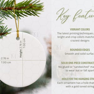 Round Ornament Size Chart, Ceramic Ornament Key Features, Circle Ornament Mockup, Christmas Ornament Mockup Gold String, POD Ornament Mock