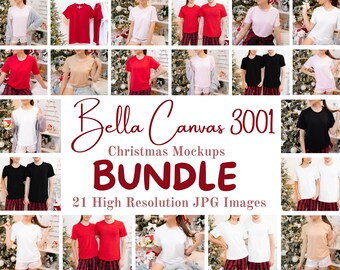 May include: A set of 21 high-resolution JPG images featuring various mockups of Bella Canvas 3001 t-shirts in different colors and styles. The mockups are set against a festive Christmas backdrop.