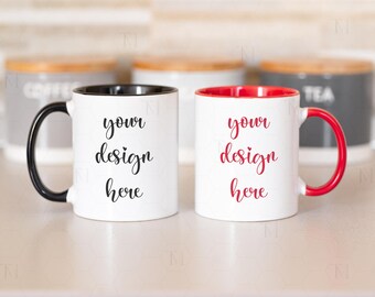 11oz Accent Two Mug Mockup, Red and Black Handle Mug Mockup, Ceramic Mug Mockup, Couple Mug Mockup, Two Tone Mug Mockup, Color Mug Mockup