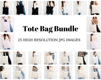 May include: A collection of 25 high-resolution images featuring various tote bags in different colors and styles. The images show people holding the bags in various poses.