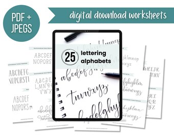 May include: A digital download of 25 lettering alphabet worksheets. The image shows a tablet displaying a worksheet with cursive lettering and a pen. The worksheets are also shown in the background.