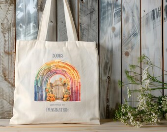 Bookish Rainbow Cotton Canvas Tote Bag, Teachers Gifts, Homeschool Family, Book Lover, Imagination Gateway, Library Bag
