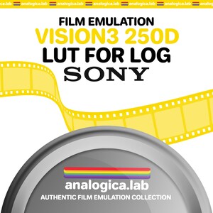 Puede incluir: Un carrete de película amarillo con bordes negros, curvado sobre un bote de película plateado. El texto "FILM EMULATION VISION3 250D LUT FOR LOG SONY" está en negro sobre fondo blanco. El texto "analogica.lab" está en colores arcoíris en el bote de película, con el texto "AUTHENTIC FILM EMULATION COLLECTION" debajo.