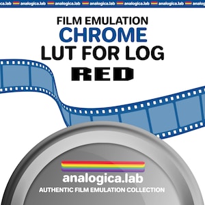 Puede incluir: Gráfico con el texto "FILM EMULATION CHROME LUT FOR LOG RED" en negrita, azul oscuro y negro. Una tira de película azul curva en la parte superior. El logotipo de analogica.lab está en la parte inferior.
