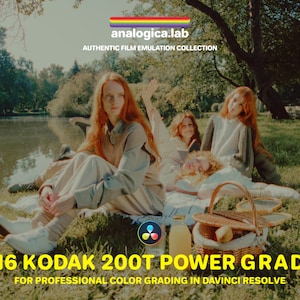 Op de afbeelding: Drie vrouwen zitten op een deken in een park aan een meer. De afbeelding is gestyled om eruit te zien als een vintage foto. De tekst op de afbeelding luidt "S16 KODAK 200T POWER GRADE FOR PROFESSIONAL COLOR GRADING IN DAVINCI RESOLVE".
