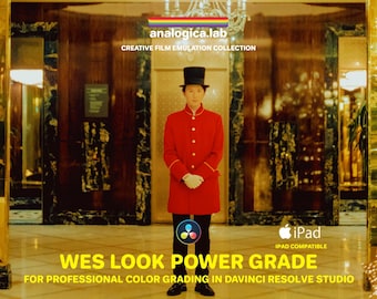 Wes Look Power Grade for Professional Color Grading in DaVinci Resolve Studio, Unique Handmade Analog Film Simulation, Halation FX
