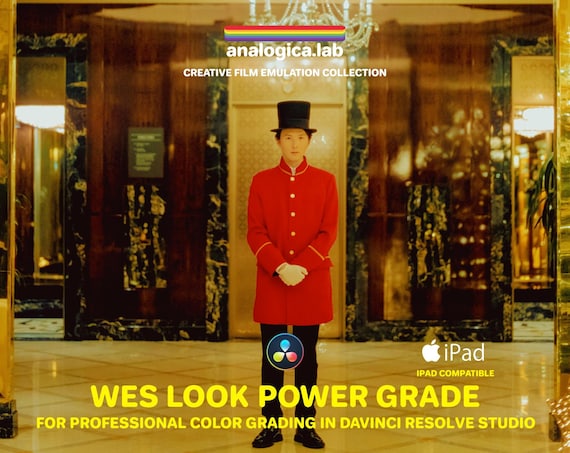 Wes Look Power Grade for Professional Color Grading in DaVinci Resolve Studio, Unique Handmade Analog Film Simulation, Halation FX