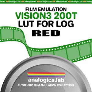 Może przedstawiać: Grafika z tekstem "FILM EMULATION VISION3 200T LUT FOR LOG RED" w kolorze zielonym i czarnym. Zielony wzór taśmy filmowej zakrzywia się u góry. Na dole znajduje się srebrne koło z tęczowym paskiem i tekstem "analogica.lab AUTHENTIC FILM EMULATION COLLECTION."