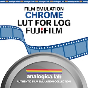 Puede incluir: Un diseño gráfico para un LUT de emulación de película para película Fujifilm Chrome en log. El diseño presenta una tira de película y un contenedor de película plateado con el texto "analogica.lab" y "AUTHENTIC FILM EMULATION COLLECTION".