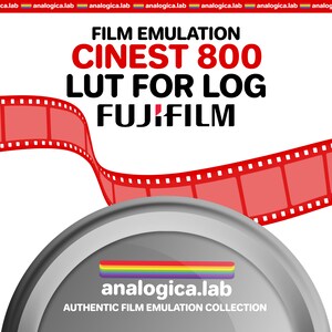 Puede incluir: Un LUT de emulación de película para imágenes Fujifilm log, con una tira de película roja y un contenedor de película plateado con el texto "analogica.lab" y "AUTHENTIC FILM EMULATION COLLECTION".