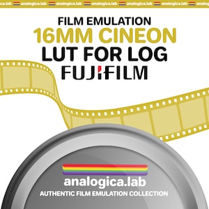 Puede incluir: Un gráfico con un rollo de película y un contenedor de película plateado. El texto dice "FILM EMULATION 16MM CINEON LUT FOR LOG FUJIFILM" y "analogica.lab AUTHENTIC FILM EMULATION COLLECTION".