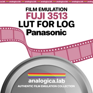 May include: A graphic with a film reel and text that reads "FILM EMULATION FUJI 3513 LUT FOR LOG Panasonic" and a logo for analogica.lab with the text "AUTHENTIC FILM EMULATION COLLECTION".