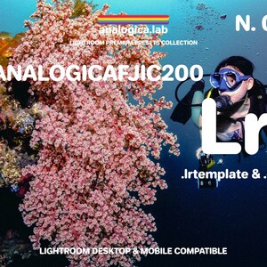 Puede incluir: Un producto digital para Lightroom, llamado "ANALOGICAFJIC200", con un buceador en el fondo. El producto es compatible con Lightroom para escritorio y móvil.