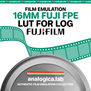 Puede incluir: Gráfico con el texto "FILM EMULATION 16MM FUJI FPE LUT FOR LOG FUJIFILM". La imagen incluye un diseño de tira de película en verde azulado y un logotipo con un arcoíris y el texto "analogica.lab AUTHENTIC FILM EMULATION COLLECTION".
