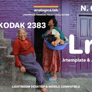 Könnte beinhalten: Werbung für eine Lightroom-Voreinstellungs-Sammlung. Der Text "KODAK 2383" ist prominent. Das Bild zeigt zwei Frauen vor einem violetten Gebäude. Der Text "LIGHTROOM DESKTOP & MOBILE COMPATIBLE" befindet sich unten.