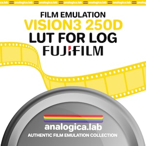 Puede incluir: Un carrete de película amarillo con bordes negros, curvado sobre un bote de película plateado. El texto "FILM EMULATION VISION3 250D LUT FOR LOG FUJIFILM" está en negro sobre fondo blanco. El texto "analogica.lab" está en colores arcoíris en el bote de película, con el texto "AUTHENTIC FILM EMULATION COLLECTION" debajo.