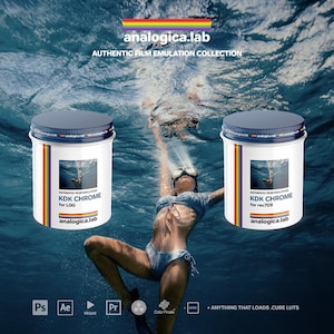 May include: Two white cylindrical containers with dark blue lids and the text "KDK CHROME" are featured in an underwater scene. The containers have a rainbow stripe and the text "analogica.lab". A person is swimming underwater.