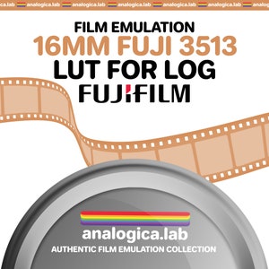 Puede incluir: Un carrete de película con un diseño marrón y blanco se encuentra sobre un bote de película plateado. El bote tiene un logotipo arcoíris y el texto "analogica.lab" y "AUTHENTIC FILM EMULATION COLLECTION". El texto "FILM EMULATION 16MM FUJI 3513 LUT FOR LOG FUJIFILM" se muestra sobre el carrete de película.