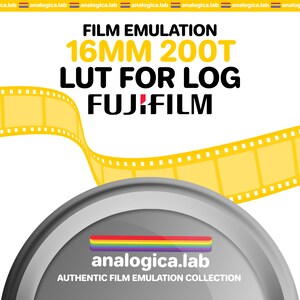 Puede incluir: Un diseño gráfico para un LUT de emulación de película para la película Fujifilm 16mm 200T. El diseño presenta un rollo de película y un círculo plateado con el texto "analogica.lab" y "AUTHENTIC FILM EMULATION COLLECTION".