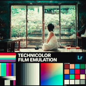 May include: A woman sits by a window in a room with a teal green wall. The window is covered in vines and has a view of a lush green garden. The image has a vintage film effect with a rainbow colour bar, a grayscale colour bar, and a gradient colour bar. The text "TECHNICOLOR FILM EMULATION" is displayed below the window. The text "Lr" is displayed in the upper right corner of the image.