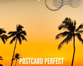 May include: A sunset scene with palm trees silhouetted against a vibrant orange sky. The text "POSTCARD PERFECT" is superimposed on the image, with the words "lightroom presets" below it.