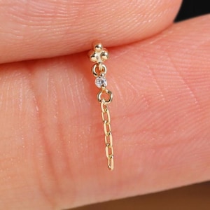 14K Solid Gold Triple Beads Dangle Diamond CZ Stud, Drop Chain Helix Cartilage Conch Push Back