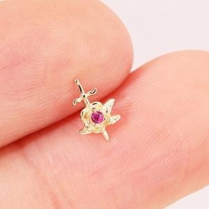 14k Solid Gold Rose Scepter Stud Earring Tiny Ruby Rose Cross Staff Earring Rose Staff Scepter Earring Helix Stud Tragus Conch Stud Earring