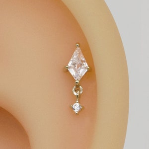 14k Solid Gold Tiny Rhombus Stud Earring Dainty Dangle Kite Shape Cartilage Conch Stud Helix Stud Tragus Stud Labret Piercing Push in Back