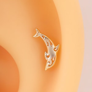 14K Solid Gold Dolphin Stud Earring, Gold Whale Stud Earring, Cartilage Stud Earring, Helix  Conch Stud, Ocean Lover Flat Back Earring