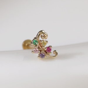 14k Solid Gold Leaf Earring Colorful Leaf Cartilage Piercing Dainty Helix Tragus Couch Stud Tiny Nose Stud Flat Back Earring Threadless End