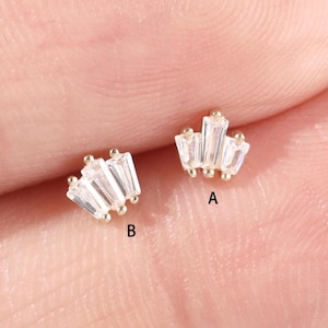 14k Solid Gold Baguette Cartilage Earring Gold Ear Climber Conch Stud Helix Piercing Tragus Jewelry Labret Stud Flat Back Earring 20g
