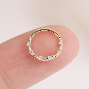 14k Solid Gold Moissanite Daith Clicker, Seamless Septum Ring, Diamond Helix Huggie Hoop 18G