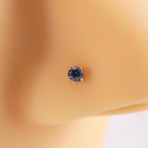 Piercing de nariz en forma de L de oro macizo de 14k con gema de topacio místico, aro de nariz ultrafino multitamaño con gema de circonita cúbica.