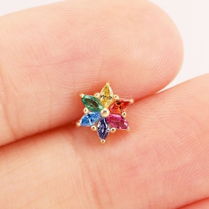 14k Solid Gold Six-Colors Flower Stud Earring Dainty Colorful Flower Internally Threaded Stud Conch Helix Tragus Stud Labret Flat Back Stud