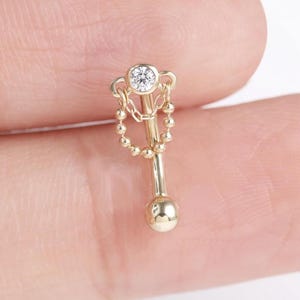 14K Solid Gold Dangle Double Chain Rook Piercing: Internally Threaded Barbell Eyebrow Ring