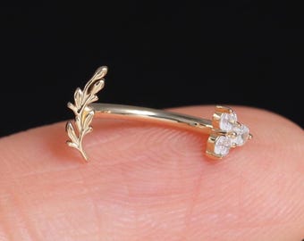 14 kt massief bladgoud, torenhalter met intern schroefdraad, bloem gebogen barbell-ring 18G