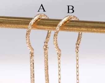 14k Solid Gold Textured Dangle Chain Threader Chime Earring: Engraved Pattern Earwire Thread Dancing Threader